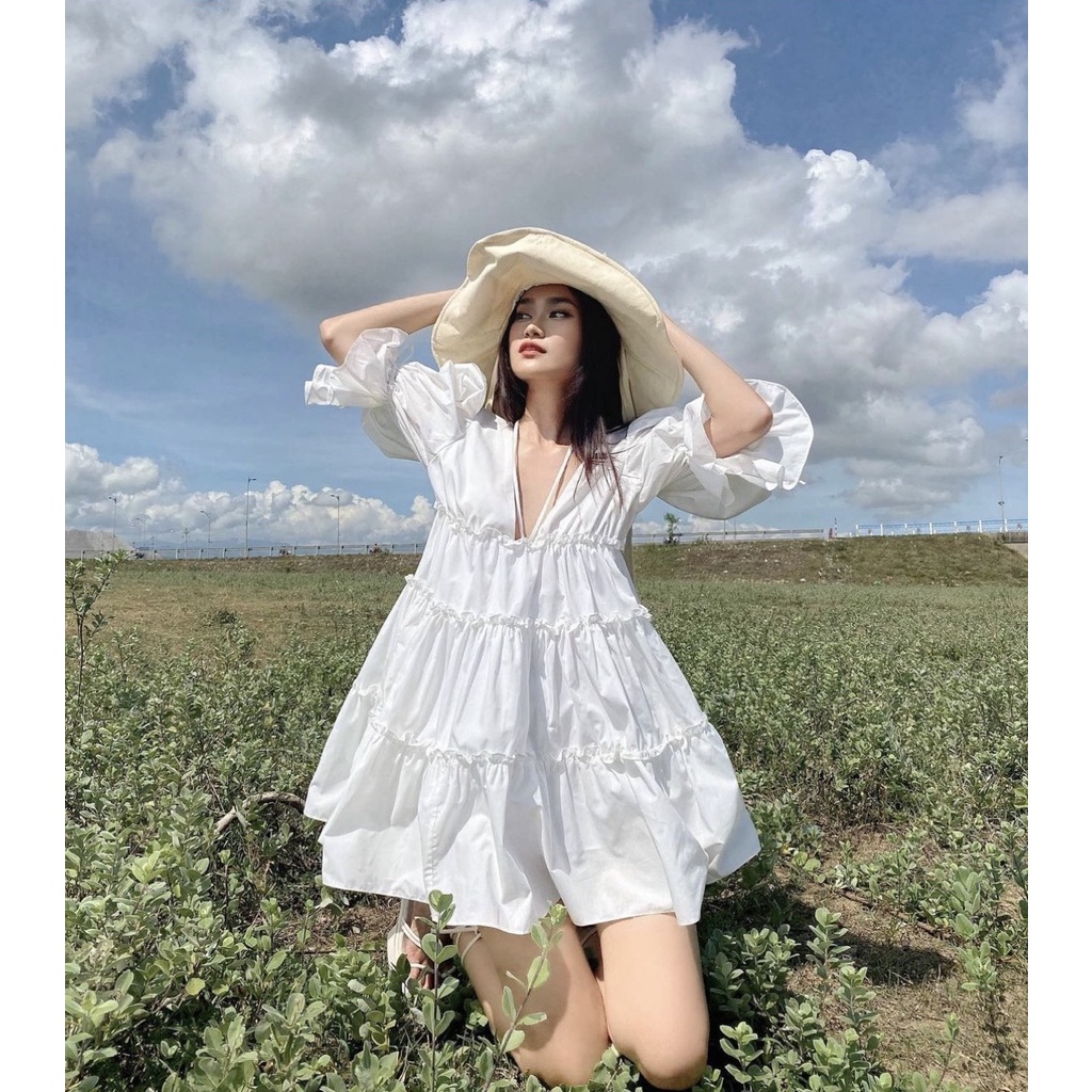 ĐẦM BBD CỔ V XÒE TRẮNG TAY BO BÈO (TH)