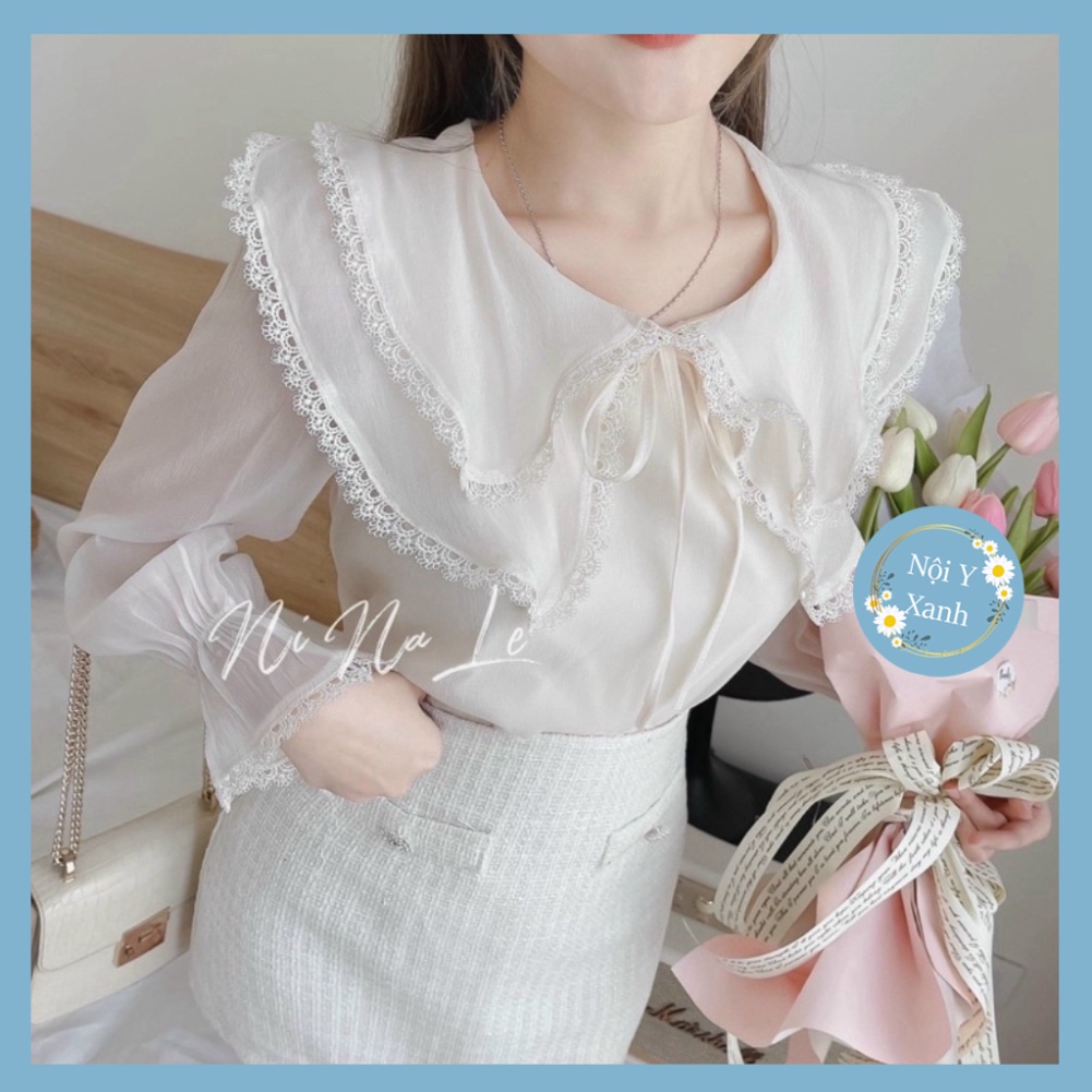Áo sơ mi tiểu thư trắng - hồng - mới phần cổ áo 2 tầng phối ren siêu nội y xanh - chất mát - mặc dạo phố, đi biển