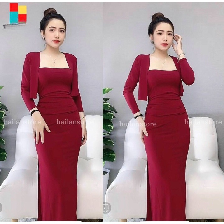 Sét váy body kèm áo khoác ngoài sang chảnh màu đỏ đô và màu đen mặc đi tiệc, đi chơi