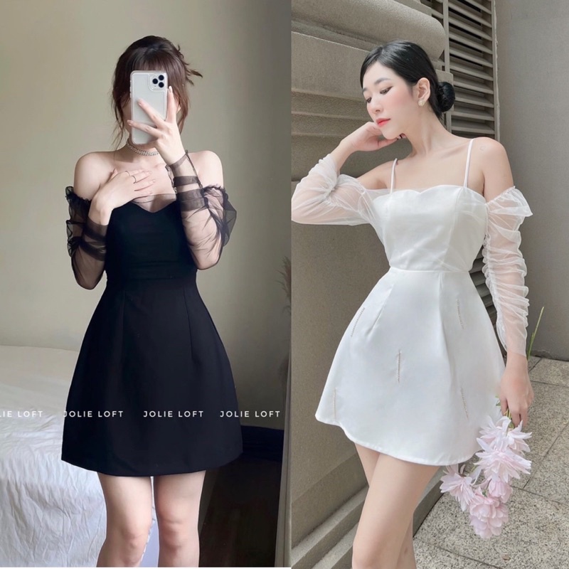 (Hình thật trải sàn) ĐẦM ĐEN 2 DÂY PHỐI TAY LƯỚI XOÈ