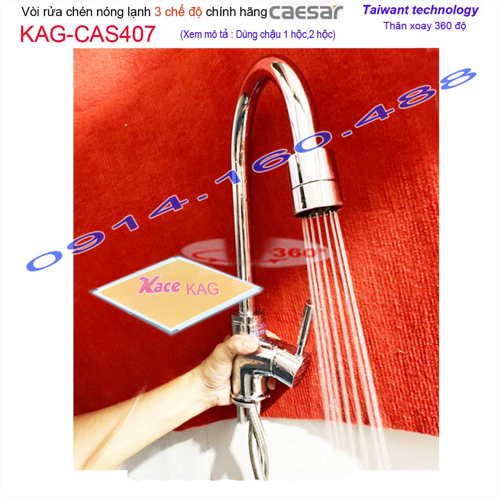 Vòi bếp nóng lạnh Caesar KAG-CAS407 cần cong 3 chế độ điều chỉnh, Vòi chậu rửa chén bát ống lớn cao thiết kế đẹp