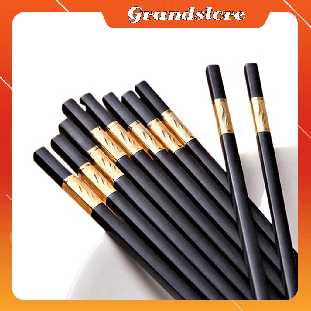 Bộ 10 đôi đũa ăn nấu bếp đen hợp kim sợi thủy tinh đầu mạ vàng chịu nhiệt chống trơn mốc cho gia đình quán ăn nhà hàng