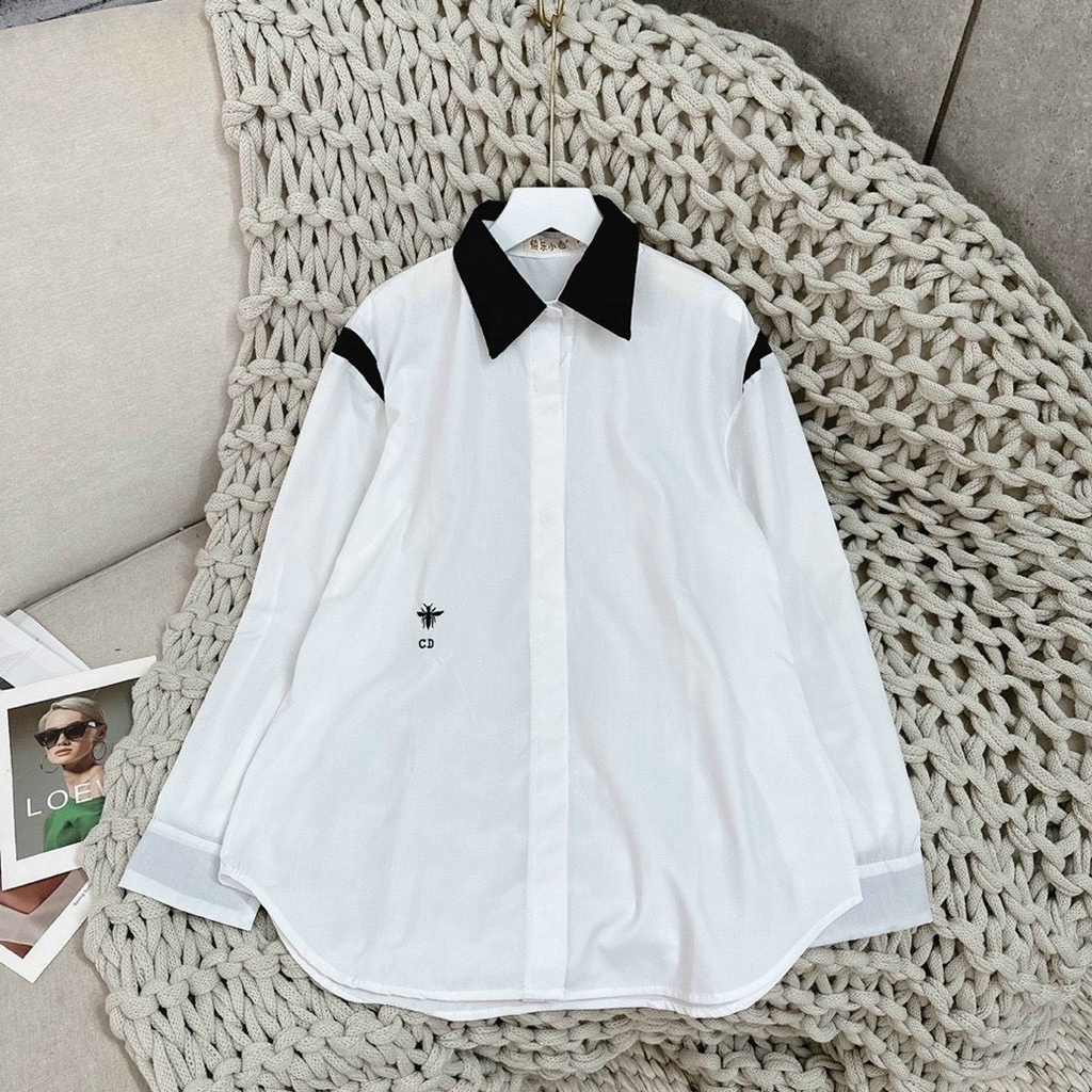 Sơ Mi Dài Tay CD Sọc Thêu Ong Chất Thô Nến Cổ Viền Đen Dáng Rộng  Đuôi Tôm Hàn Quốc