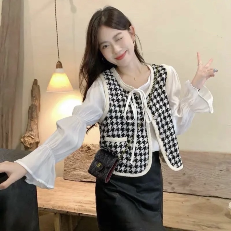 PASS - Set áo bèo kèm gile dạ tweed cúc ngọc tiểu thư