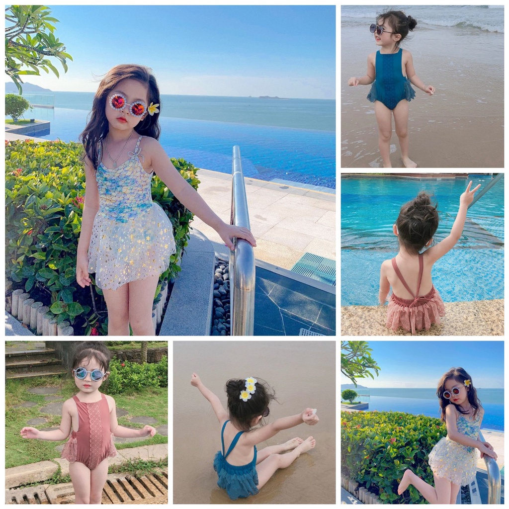 Bộ bơi liền thân công chúa/Bộ bơi đi biển/Bikini đi biển cực xinh cho bé gái (hàng Quảng Châu video thật)