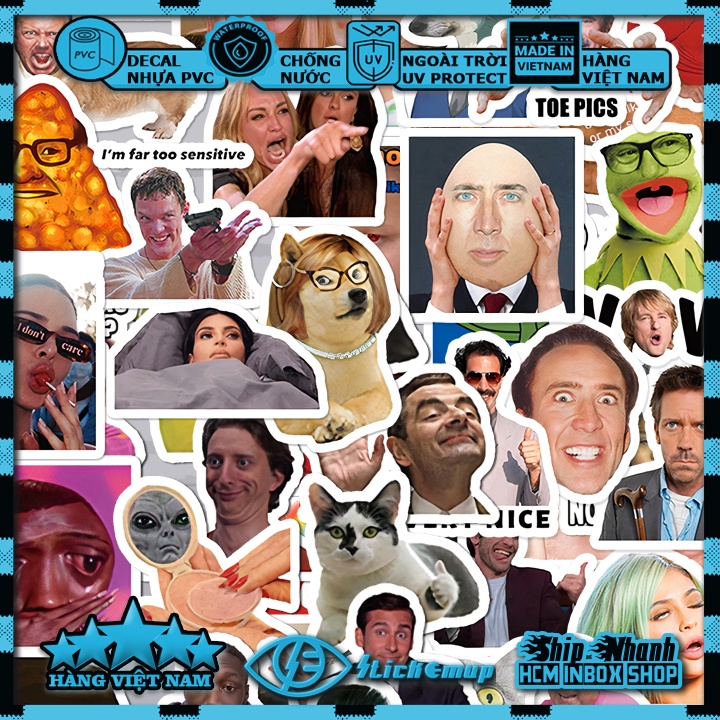 Sticker MEME, hình dán meme hài hước vui nhộn cute, decal nhựa chống nước, dán mũ bảo hiểm, dán laptop, dán vali, dán xe