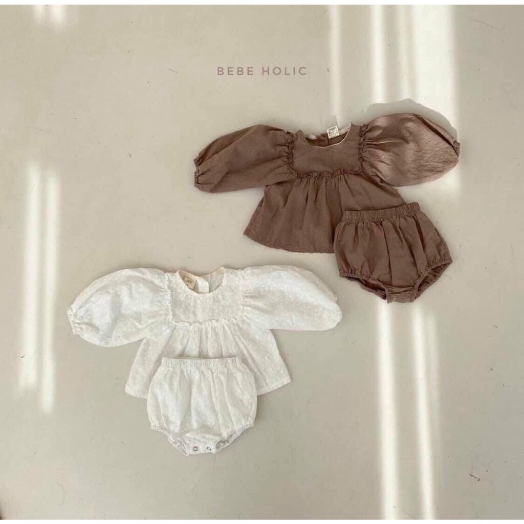 Set áo babaydoll họa tiết hoa thêu kèm quần bí cho bé gái