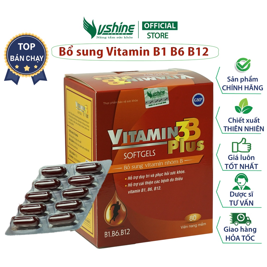 Viên uống Vitamin 3B Plus Vshine bổ sung vitamin B1 + B6 + B12 , Hộp 80 Viên