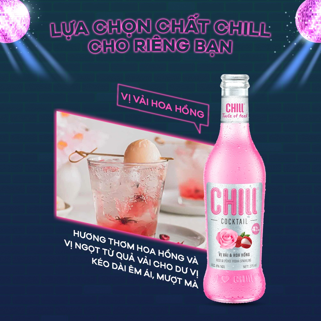 Thùng 24 chai Chill Cocktail vị Vải & Hoa Hồng 275ml/chai