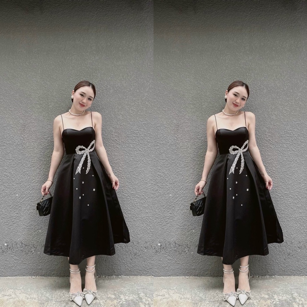 Đầm váy nữ 2 dây tapta ( có mút ngực ) dáng xòe quý phái họa tiết đính nơ kim tuyến dễ thương đi chơi dự tiệc