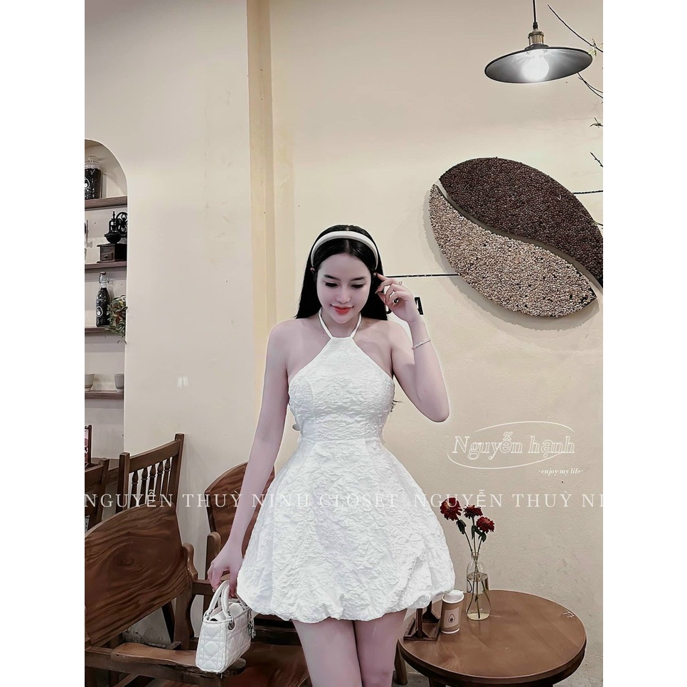 Váy đầm nữ cổ yếm hở lưng quyến dũ họa tiết phối nơ sau eo cực xinh 3 màu tôn da dễ thương đi chơi dự tiệc