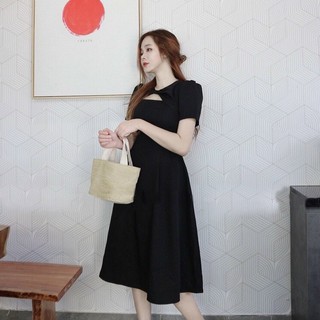 Đầm váy freesize midi đen cổ khoéc