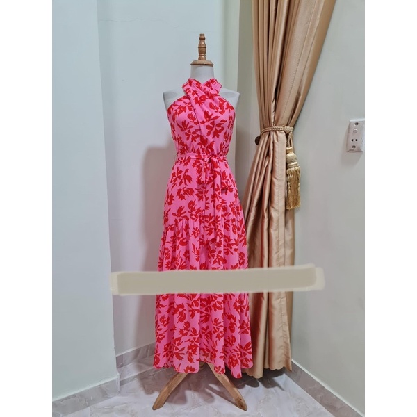 Đầm voan tơ Taylor dư xịn chuẩn xuất dư màu hoa đỏ