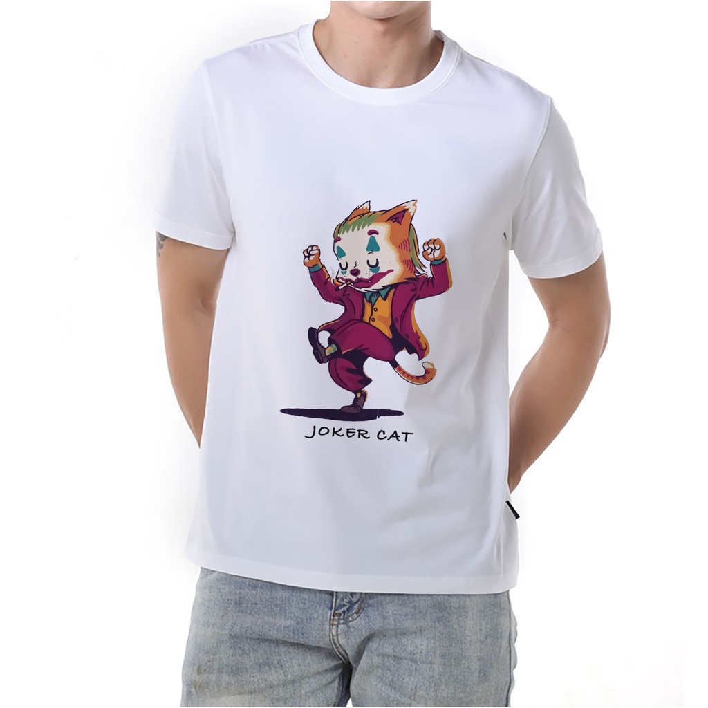 Áo thun trắng Basetee in hình Joker Cat tay ngắn form rộng Unisex