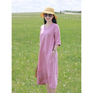 Đầm linen nữ dáng  suông kèm dây thắt eo, Váy linen dáng dài tay lỡ có túi hông thiết kế cơ bản mẫu mới Đũi Việt