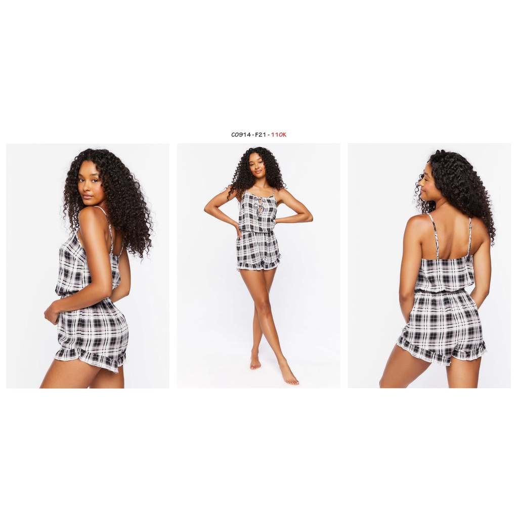 C0914 - Romper F21 2 dây, khoét V, cột nơ trước, phối sọc, bèo lai | BigBuy360 - bigbuy360.vn