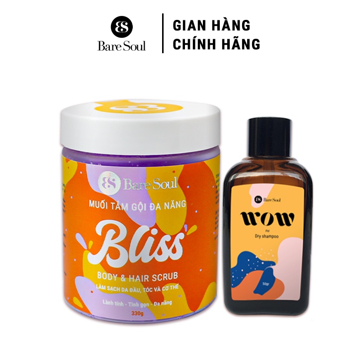 Combo Muối tẩy tế bào chết da đầu, tóc và cơ thể BareSoul BLISS Body & Hair Scrub 330g + Dầu gội khô Dry Shampoo WOW 50g