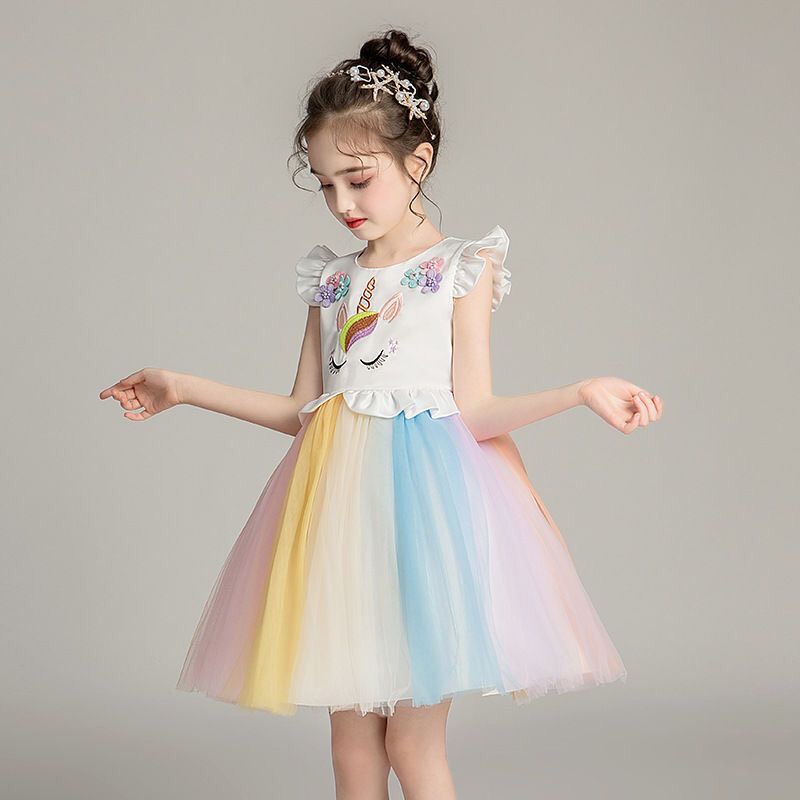 Váy đầm hoạ tiết và ren lưới cầu vồng cho bé gái. Mã hàng: NK0046