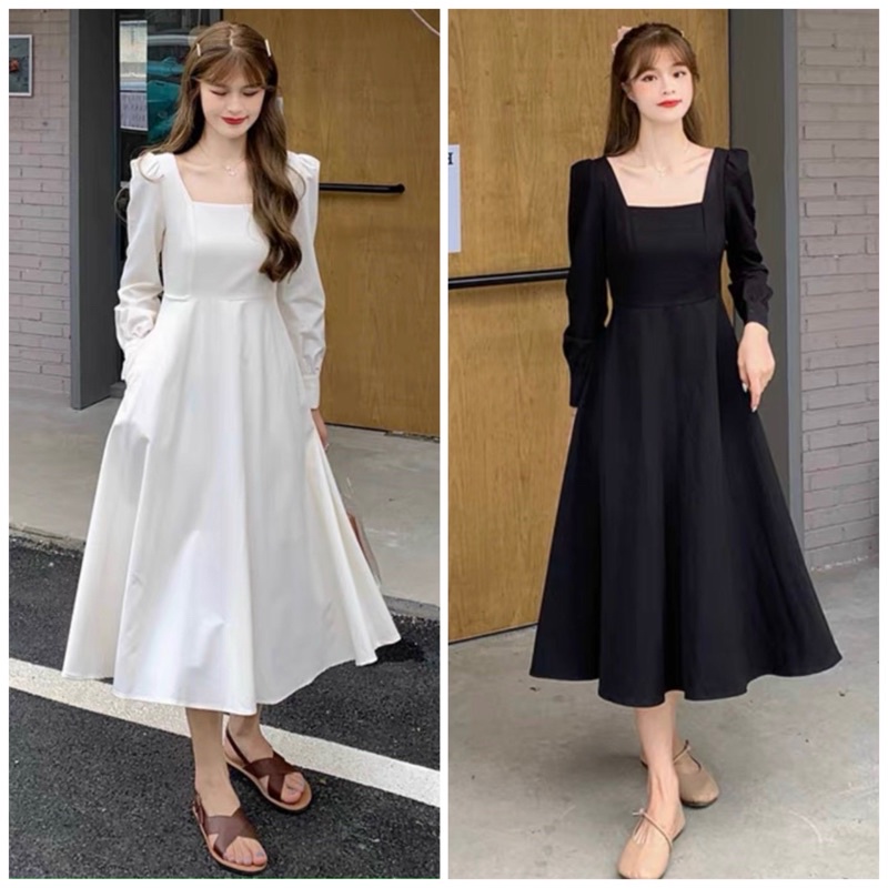 Đầm cổ vuông basic tay dài 2 màu (kèm hình thật)