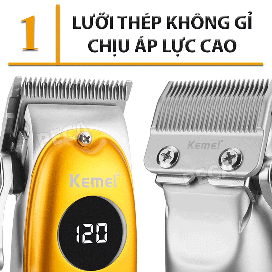 Tông đơ cắt tóc chuyên nghiệp Kemei KM-1955 màn hình LCD được tặng kèm áo choàng, lược và kéo cắt tóc