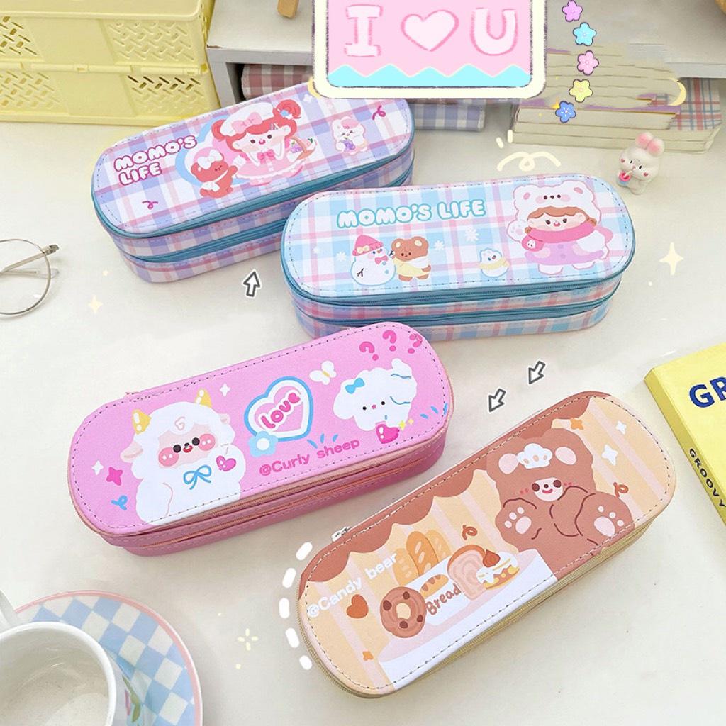 Hộp Bút Da PU Hình Oval 2 Tầng Hoạt Hình Dễ Thương