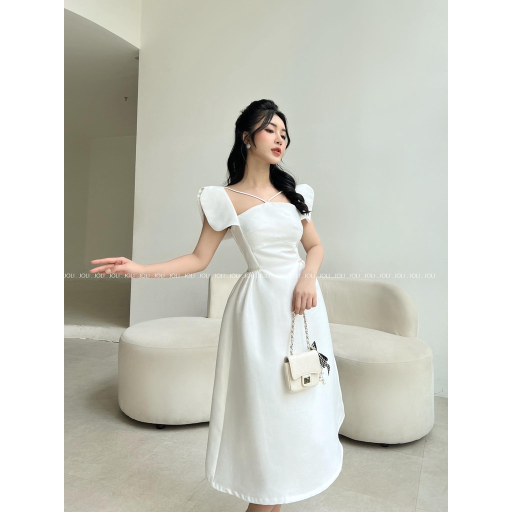 Váy nữ dáng xòe dài đính đá tiểu thư sang chảnh màu trắng JOLI