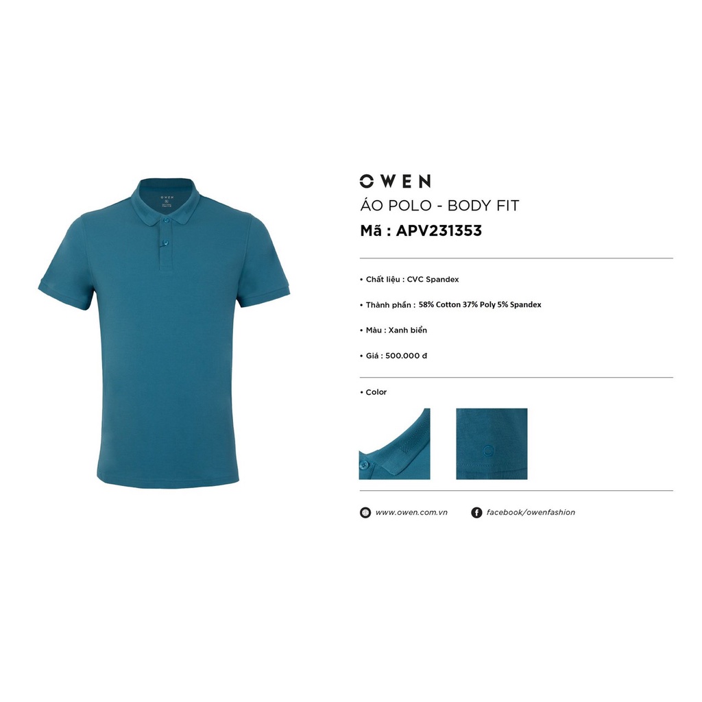 Áo polo owen màu xanh biển body fit vải cotton APV231353