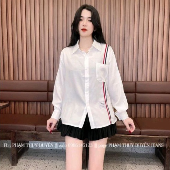 Áo Sơ Mi Trắng Dài Tay 2 Vạch Kẻ Sọc Có Túi TT08