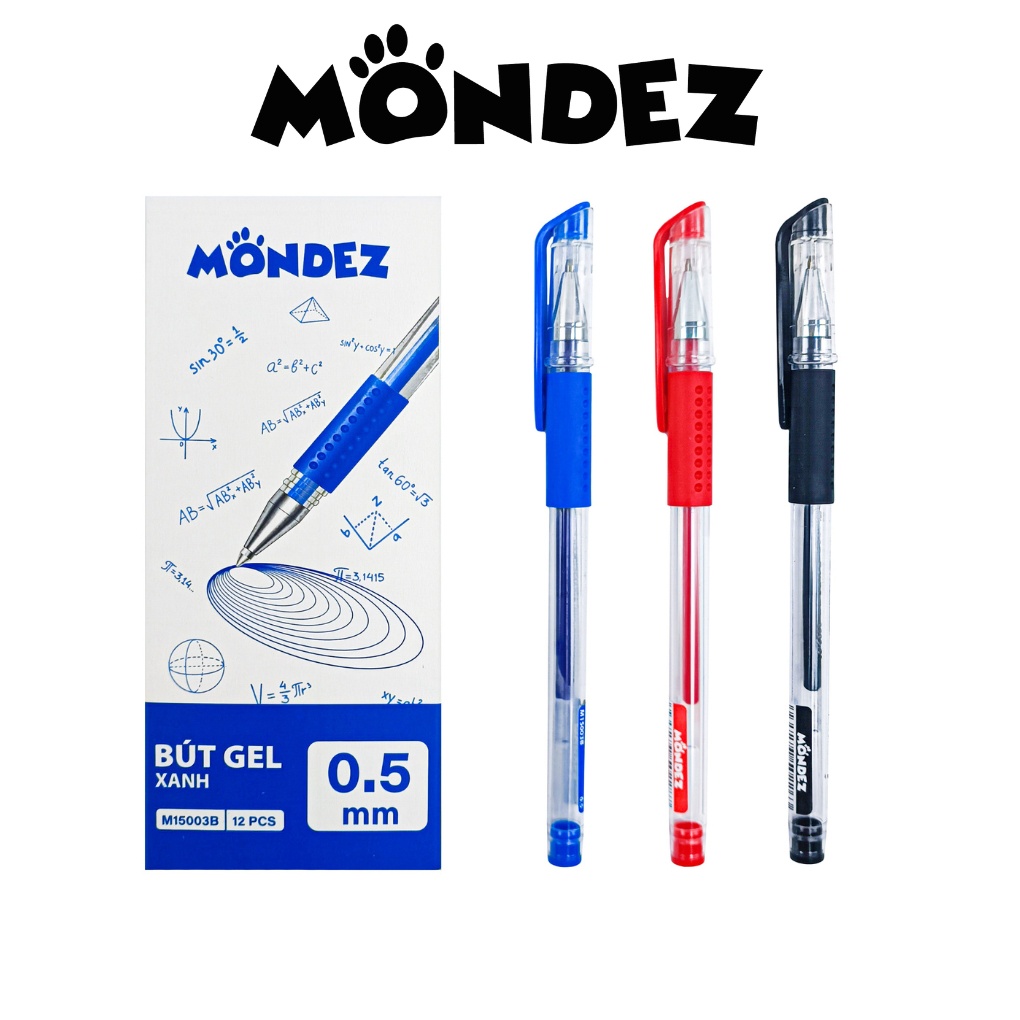 Combo 3 Bút Gel Bút Bi Nước Học Sinh Văn Phòng MONDEZ Ngòi 0.5mm Mực Đều Nét Chữ Đẹp Đủ 4 Màu Xanh Đen Đỏ Tím M15003