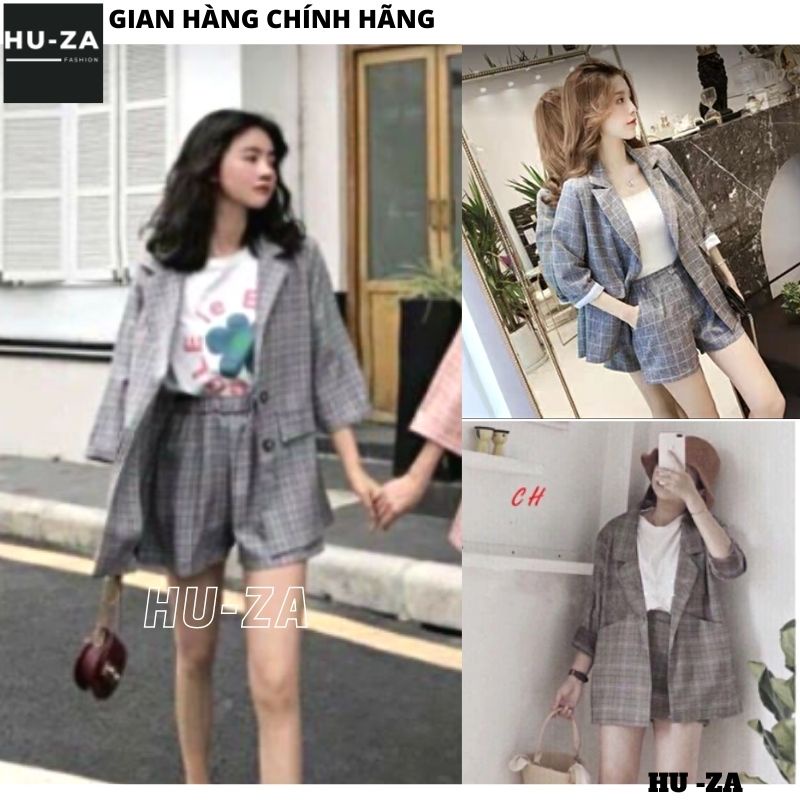 Set Vest Nữ Quần Đùi Bộ Blazer Nữ Tay Dài Hàn Quốc Áo Vest Quần Short Kẻ Caro Công Sở Trẻ Tung Xinh Đẹp - HUZA