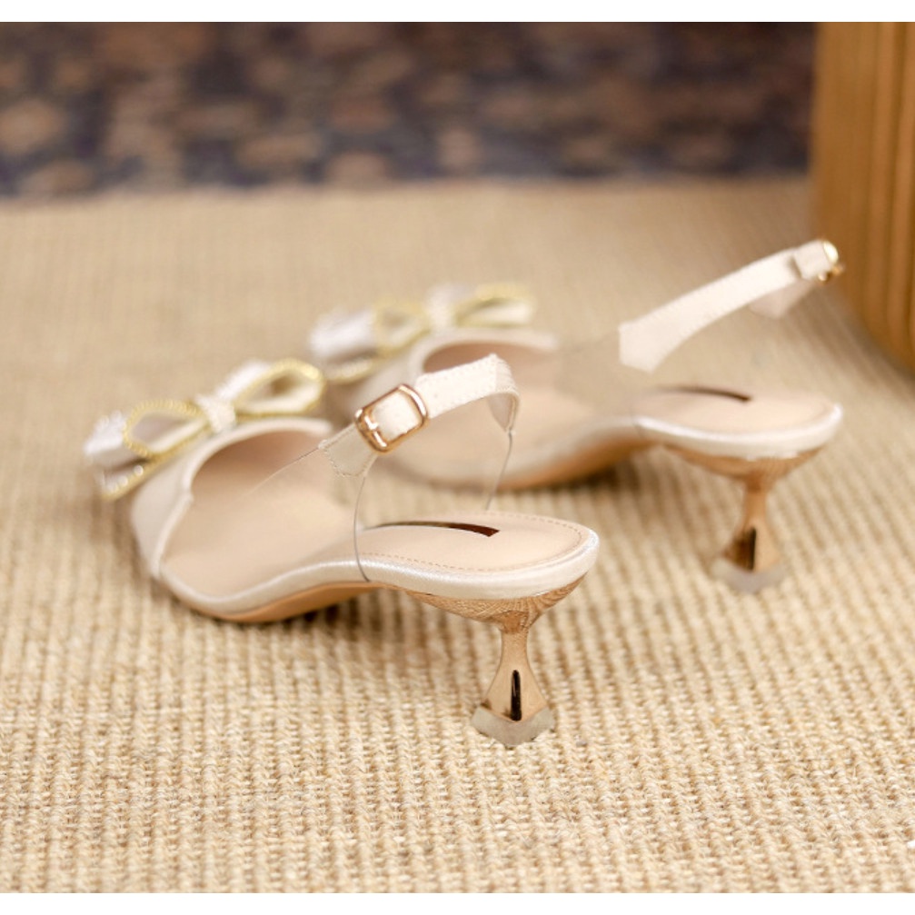 Giày hở gót nữ 5p mũi nhọn lụa xước mềm charm nơ bít mũi thời trang công sở đẹp -Dazzling Shoes DA791