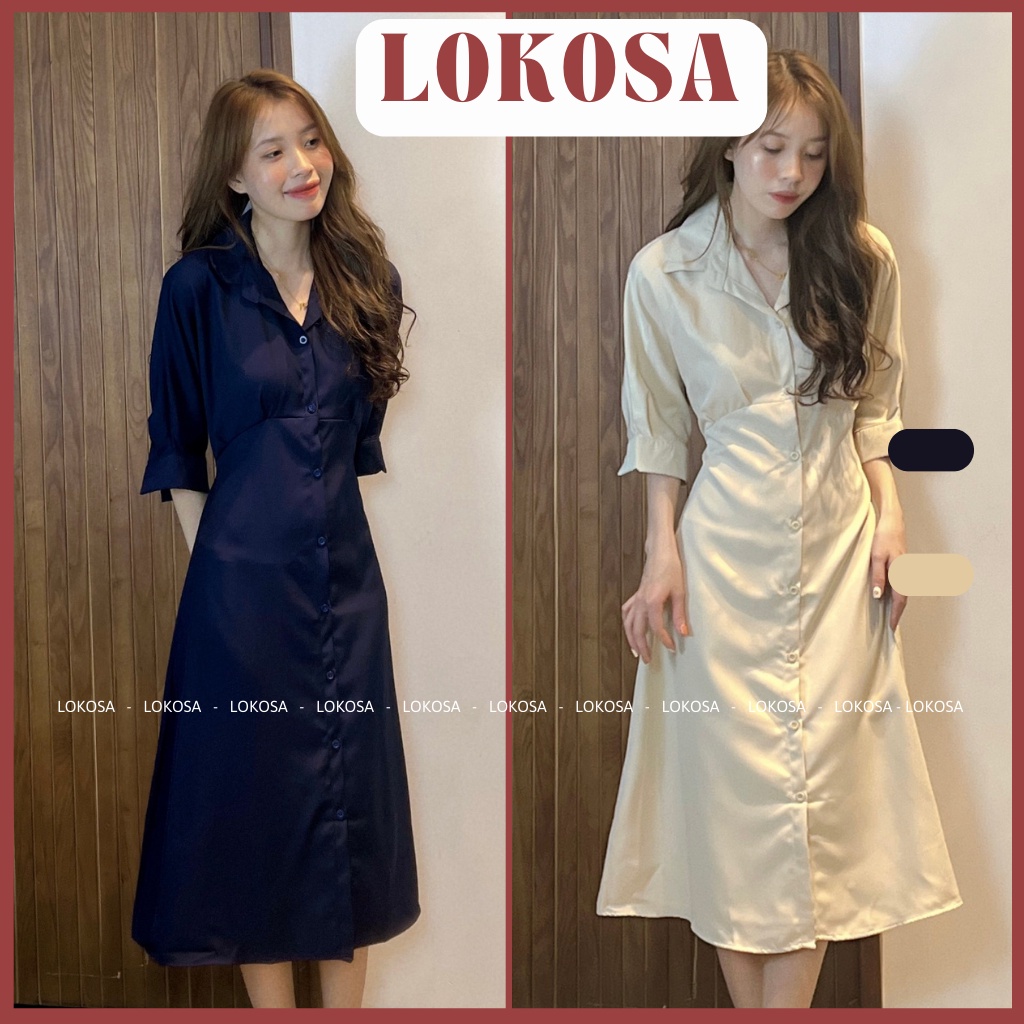 Đầm midi sơ mi nữ dáng dài LOKOSA Váy công sở Vintage màu trơn tay phồng thanh lịch đáng yêu VD006