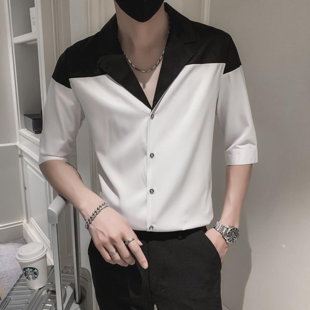 Áo sơ mi nam, áo sơ mi tay lỡ cổ vest phối màu đen trắng cực sang chảnh, cuốn hút mọi ánh nhìn T1