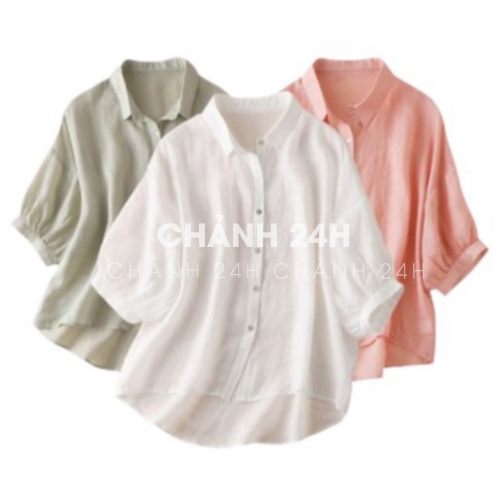Áo sơ mi nữ cổ đức tay lỡ form rộng bigsize chất liệu đũi tơ mềm nhẹ thoáng mát Chảnh 24h SMH.38