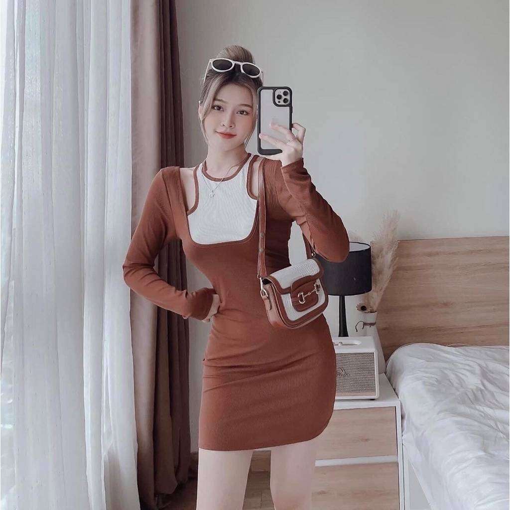 [3.3 Sales Freeship] Đầm thun ôm body phối màu cổ áo yếm, đầm thun tay dài hở vai dáng ngắn đi chơi dễ thương