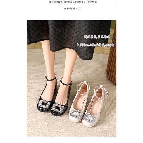 Giày búp bê Mary Jane phối đá vuông đế cao 6cm da bóng sang chảnh