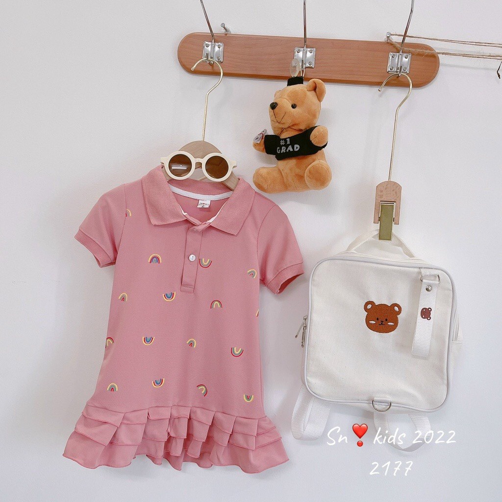 Đầm váy polo cổ trụ bé gái  thun cotton dệt thêu tay bo xinh xắn cho bé đi học, đi chơi