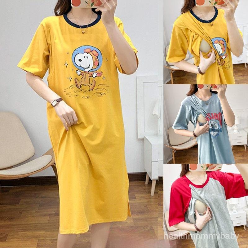 Áo Cho Con Bú Trẻ Trung Kích Thước Lớn Trang Phục Bà Bầu Sau SinhTVáy Liền Áo Sơ Mi Mặc Bên Ngoài Bông Váy Dài Quá