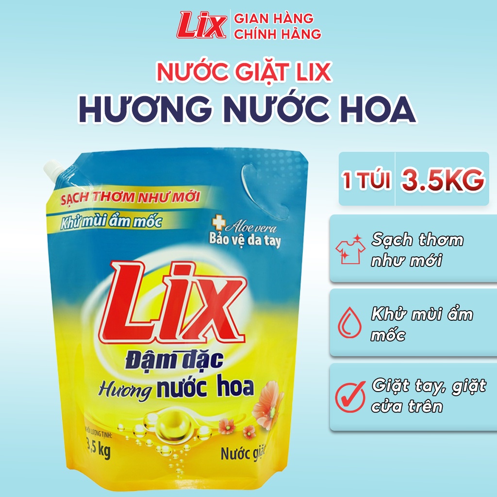 Nước giặt Lix đậm đặc hương nước hoa túi 3.5Kg sạch thơm như mới khử mùi nấm mốc NGH07 nước giặt bảo vệ da tay