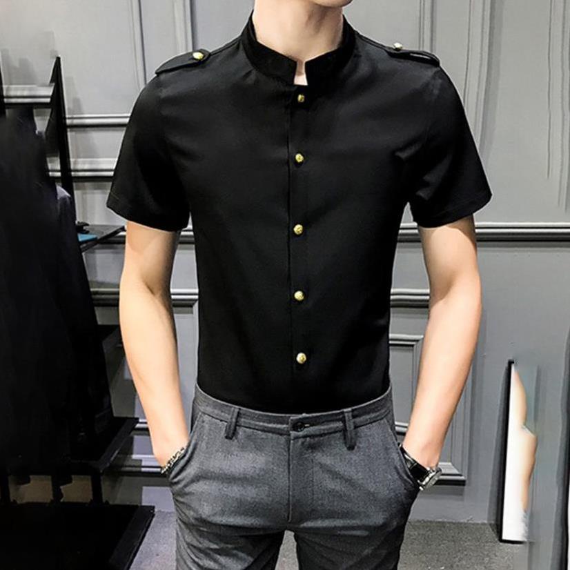 f Áo sơ mi nam, Áo sơ mi cộc tay cổ Tàu phối cúc kim loại và đai vai, form Slim Filt mã N21 .