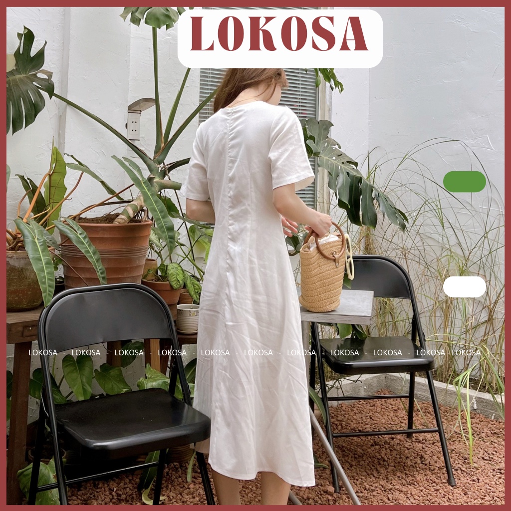 Đầm Linen midi Cổ Tròn Nhún Ngực LOKOSA váy công sở thanh lịch sang trọng VD007 | BigBuy360 - bigbuy360.vn