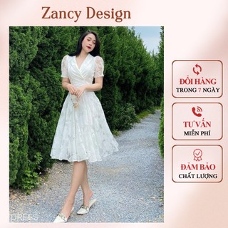 Đầm trắng dài ren cổ V dáng xòe, váy nữ thiết kế thanh lịch đi tiệc đi chơi Zancy DRENV008
