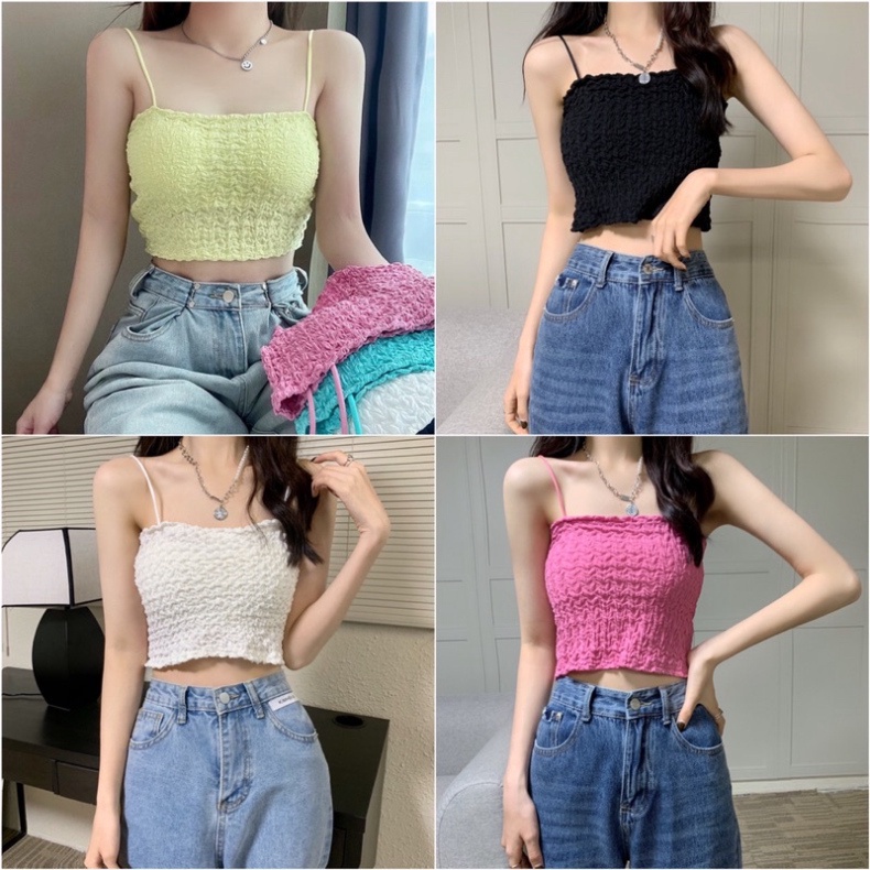 Áo 2 dây - áo Bra Hai Dây Nữ Xốp Nhún Dáng Lửng croptop nội y xanh - chất mát - màu xanh, hồng,vàng, đen, trắng | BigBuy360 - bigbuy360.vn