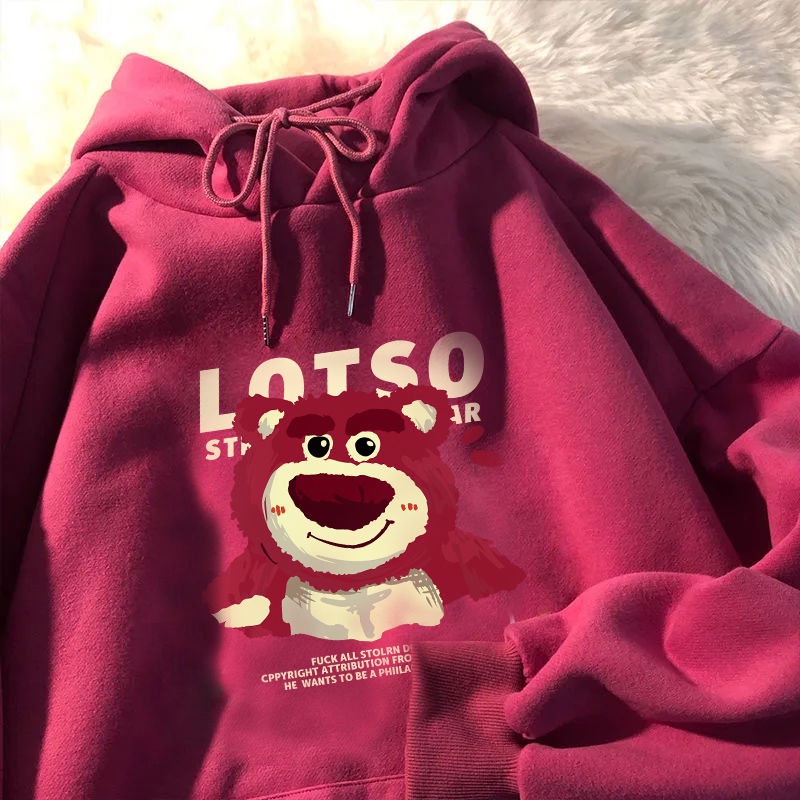 Áo Khoác Hoodie In Hình Gấu Và Dâu Tây Phong Cách Retro Cho Cặ