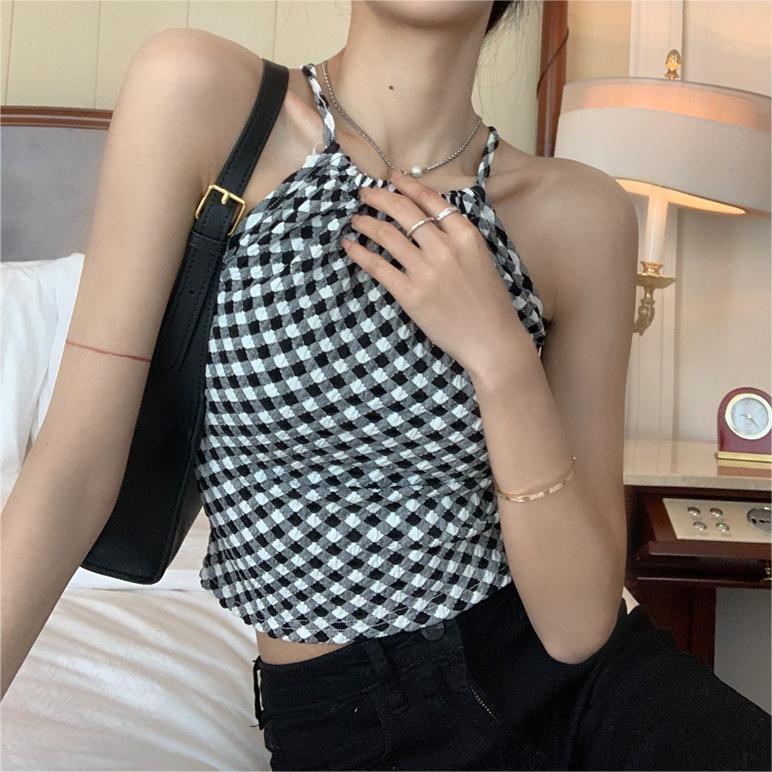 Áo croptop ZHELIHANGFEI dệt kim cổ yếm hai dây gợi cảm thời trang cho nữ