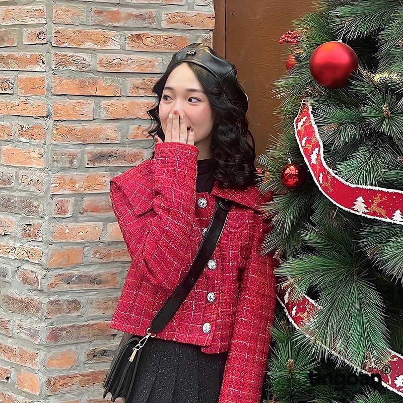 TINGOAN®  -  Áo khoác tweed đỏ lấp lánh lửng cổ bẻ thủy thủ đính cúc đá tingoan SAILOR MOON JACKET/DR(Freesize)