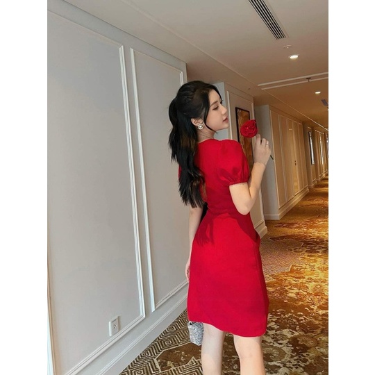 🔥M24 - Váy Tiểu Thư Đỏ Váy Thiết Kế Cổ Vuông Nhún Eo Form Dáng Trẻ Trung by BELLY Clothing