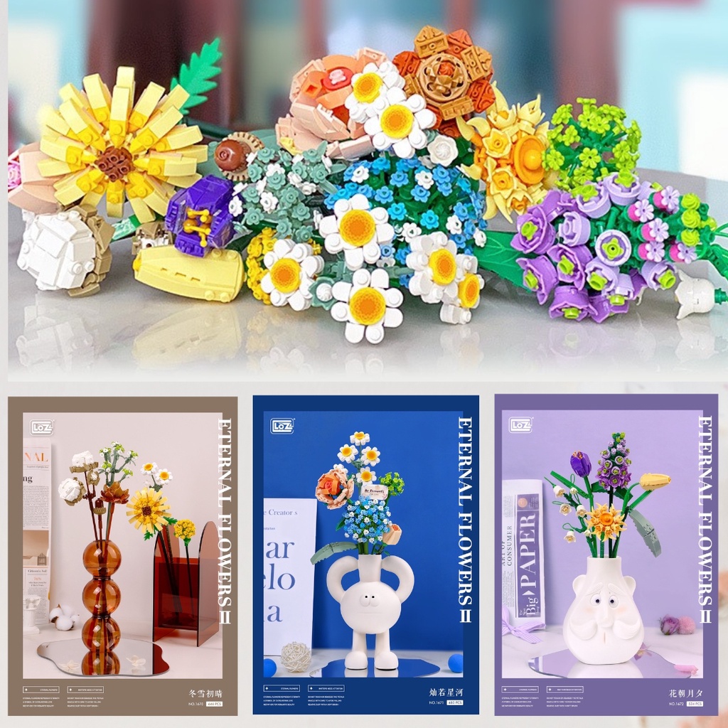 Bộ Lắp Ráp Hoa Hãng LOZ, Đồ Chơi Xếp Hình Khối Xây Dựng Bó Hoa Trang Trí Nhà Cửa, Mô hình quà tặng