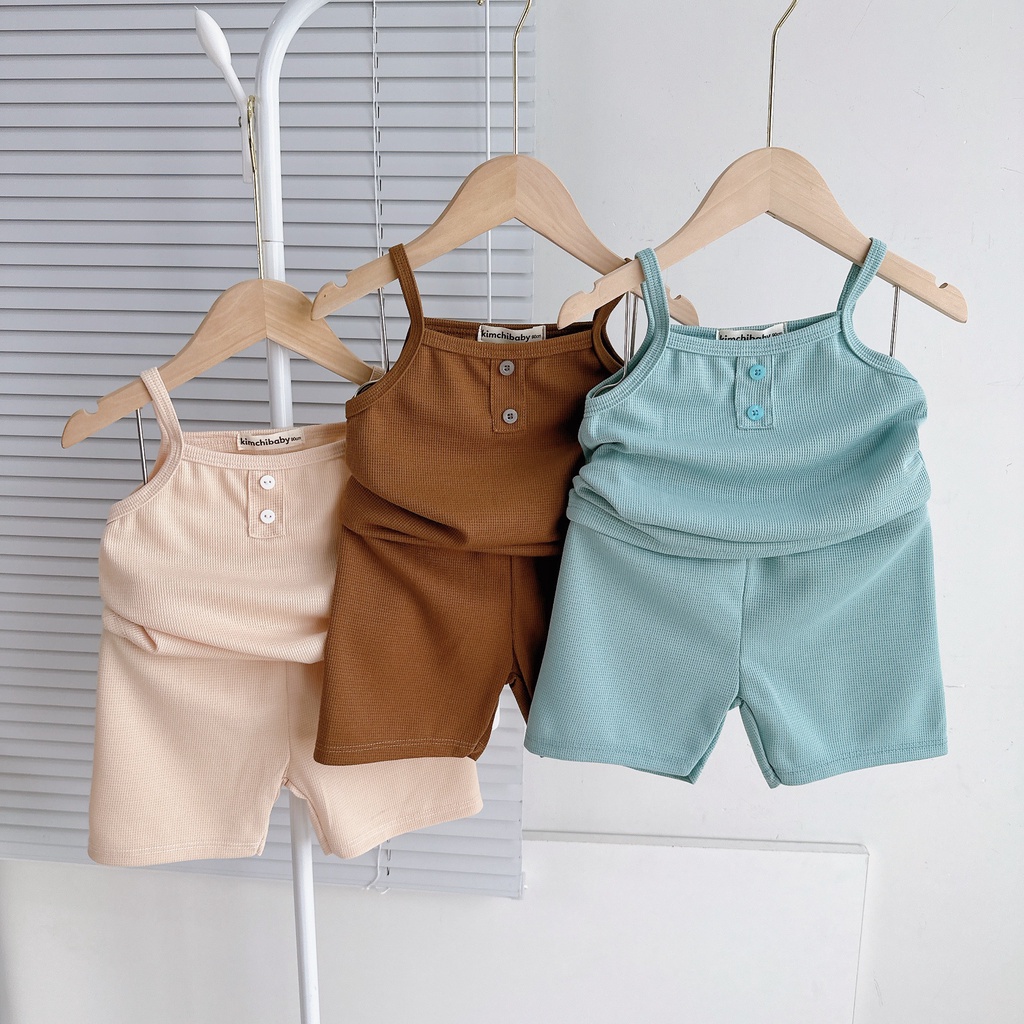 [SALE] Bộ Hay Dây Bé Gái KIMCHIBABY Vải Tổ Ong Mềm Mịn Đính Cúc, Bộ Đồ Sát Nách Cho Bé Mặc Hè Đi Chơi Đi Học KC307