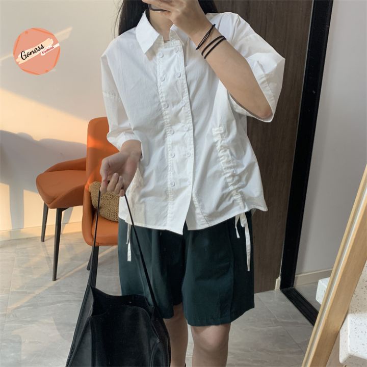 Áo sơ mi nữ Goness cộc tay form rộng cổ sơmi chất vải thô mềm thiết kế thiết kế dây rút